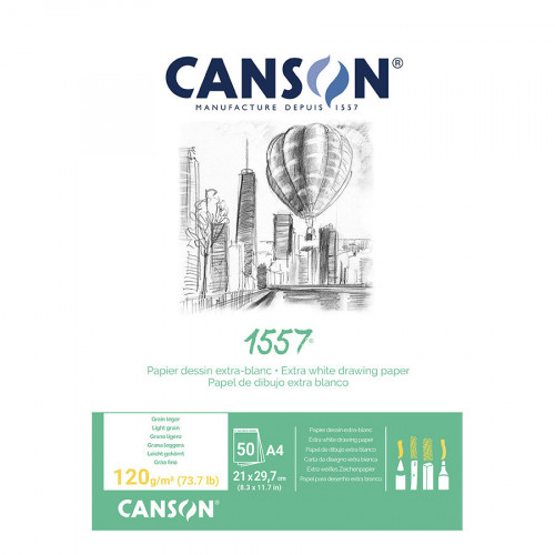 Canson 1557 grain léger 120g/m², bloc collé petit côté A4 - 21 x 29,7 cm