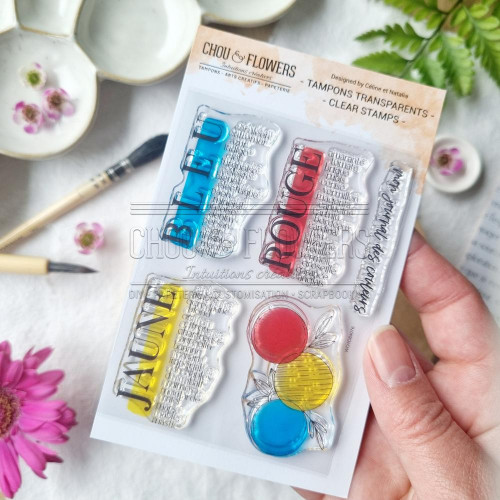 Tampons transparents 7,5 x 10 cm Jaune bleu rouge