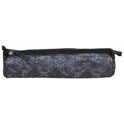 Trousse ronde en cuir scintillant Noir serpent 5,5 x 22 cm