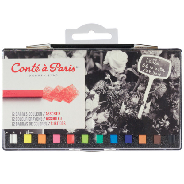 Boite plastique 12 pastels carrés couleurs assortis Conté