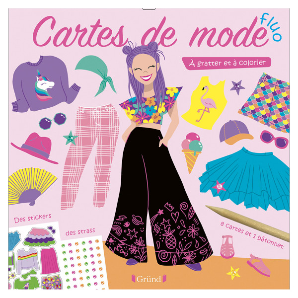 Pochette : 4 Cartes à gratter + 4 Cartes à colorier Mode Fluo