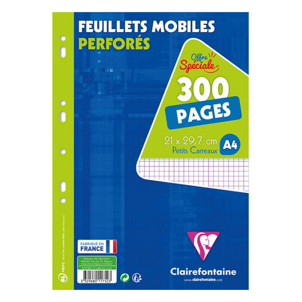 Feuillets mobiles perforés A4 Petits carreaux 300 pages