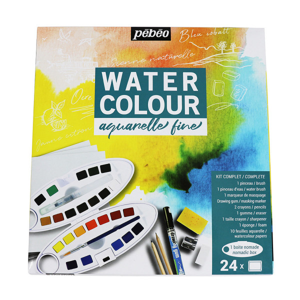 Peinture aquarelle fine 24 demi-godets + Drawing gum offert