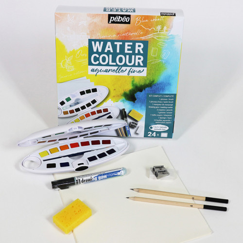 Peinture aquarelle fine 24 demi-godets + Drawing gum offert