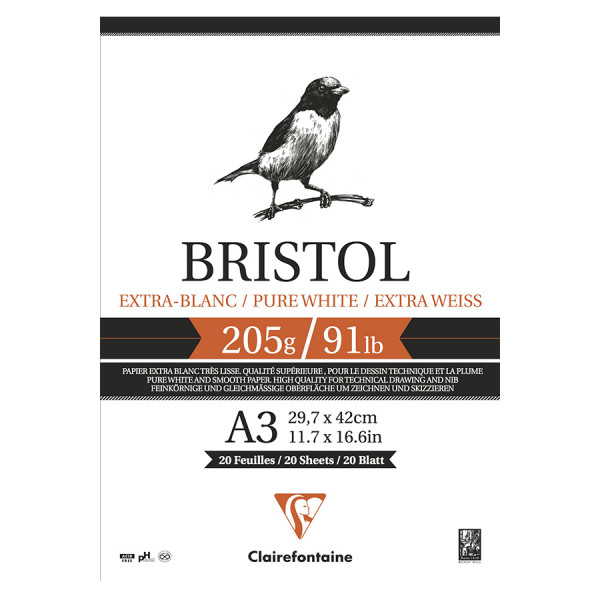 Papier dessin Bristol 205 g/m² - A3 29.7 x 42 cm - Bloc de 20 feuilles