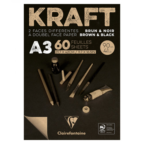 Papier Kraft Double Face marron et noir 90 g/m² - A3 29.7 x 42 cm - Bloc de 60 feuilles