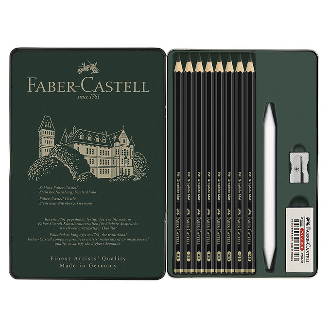 Faber-Castell 115220 - Set de crayons Pitt Graphite Matt, 11 pièces, y  compris essuie-papier, gomme et taille-crayon : : Fournitures de  bureau