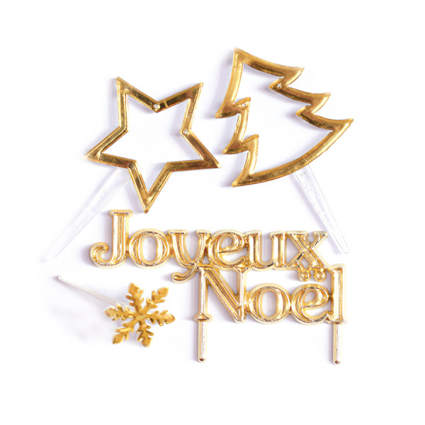 Décor de bûche de Noël Cake Topper Papier Doré 4 pcs