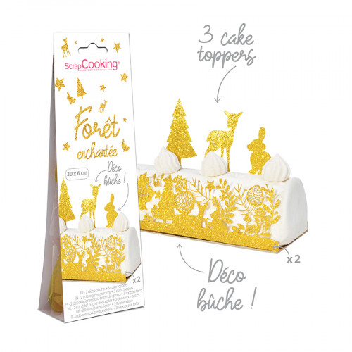 Déco Bûche de Noël + Cake Toppers Kit 5 pcs Doré