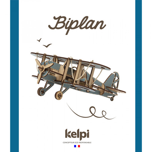 Maquette en bois 32 x 28.5 cm Avion Biplan Bleu