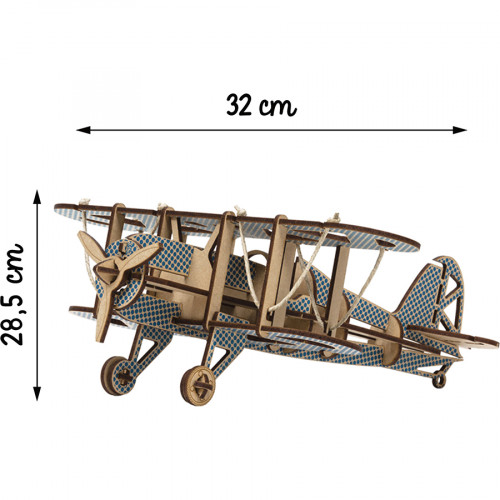 Maquette en bois 32 x 28.5 cm Avion Biplan Bleu