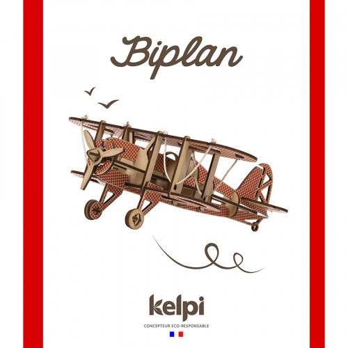 Maquette en bois 32 x 28.5 cm Avion Biplan Rouge