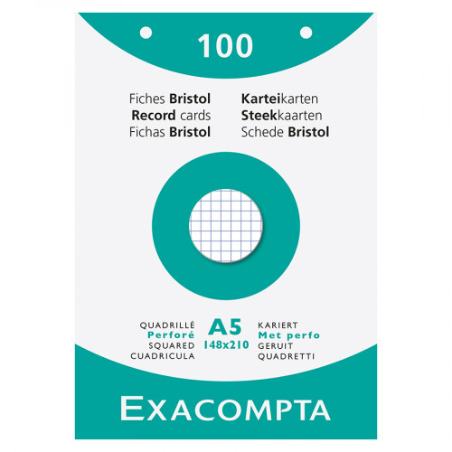 Fiche Bristol blanc Q 5x5 100 feuilles Perforées 14.8 x 21 cm