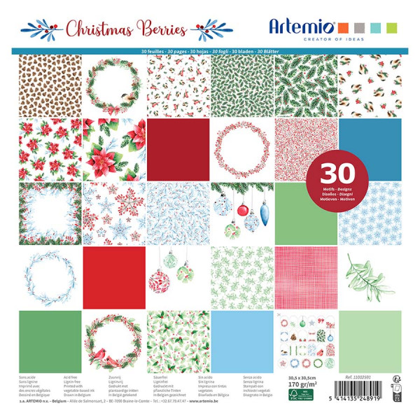 Bloc de 30 Feuilles imprimées 30,5 x 30,5 cm Christmas Berries
