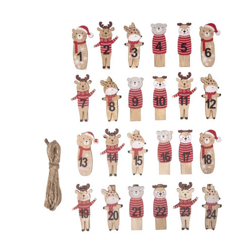 24 Pinces à Linge Miniatures Chiffres 1-24 - Bois Décoré Sapin Et Cadeau - Pour Calendrier De L'Avent Noël - 9