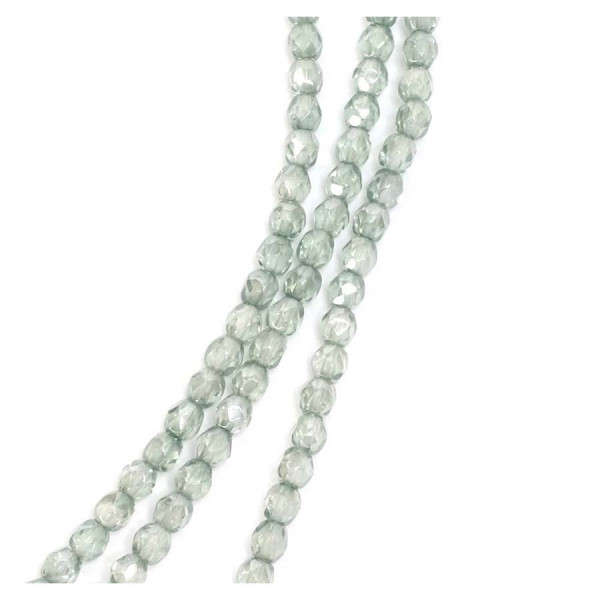 Perles de Bohème sur Fil - Rondes Facettées Vert Sauge Métallisé Transparent 4 mm