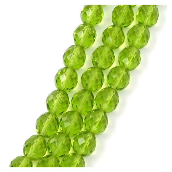 Perles de Bohème sur Fil - Rondes Facettées Vert Olive Transparent 10 mm