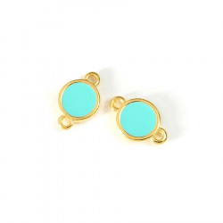 Connecteur Rond Doré à l'or fin 24K 9 x 14 mm Émaillé Turquoise - 2 pcs