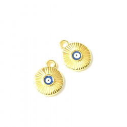 Pendentif Œil Émaillé Bleu Doré à l'or fin 24K Strié - 2 pcs