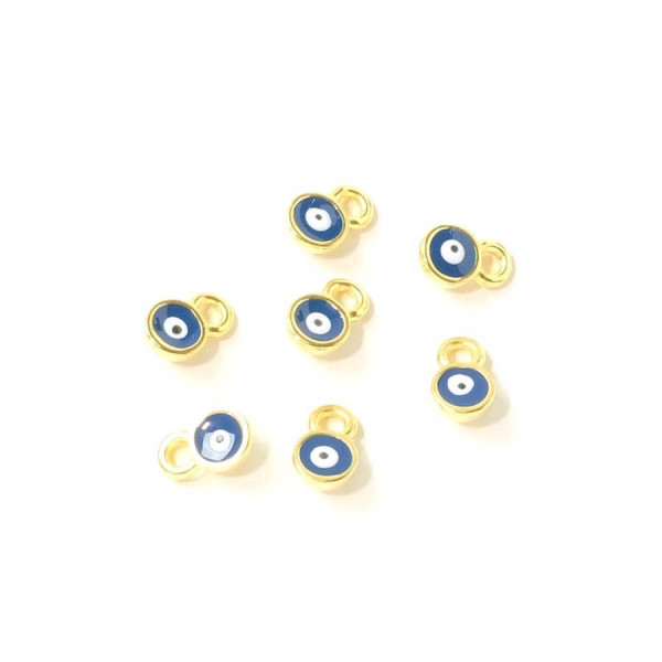 Mini Pendentif Œil Émaillé Bleu Rond Doré à l'or fin 24K - 2 pcs