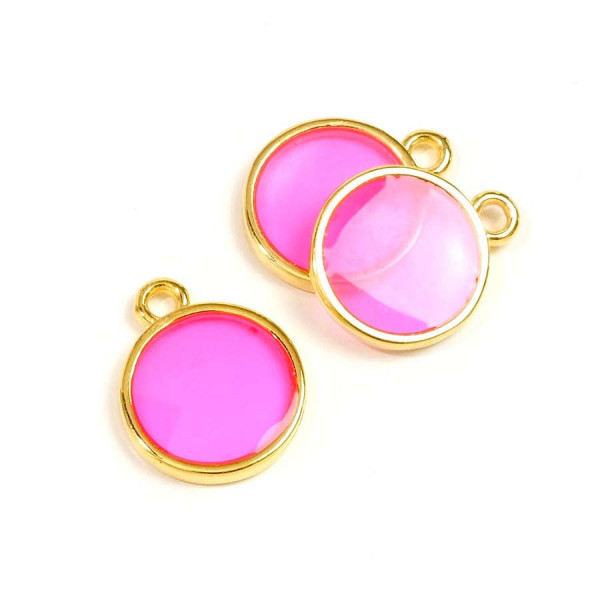 Pendentif Vitrail Rond Doré à l'or fin 24K - 2 pcs Fuchsia