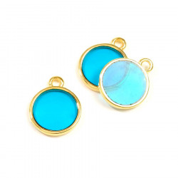 Pendentif Vitrail Rond Doré à l'or fin 24K - 2 pcs Turquoise