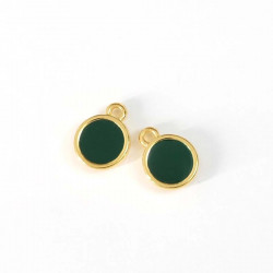 Pendentif Rond Doré à l'or fin 24K 9 x 12 mm Émaillé Vert émeraude - 2 pcs