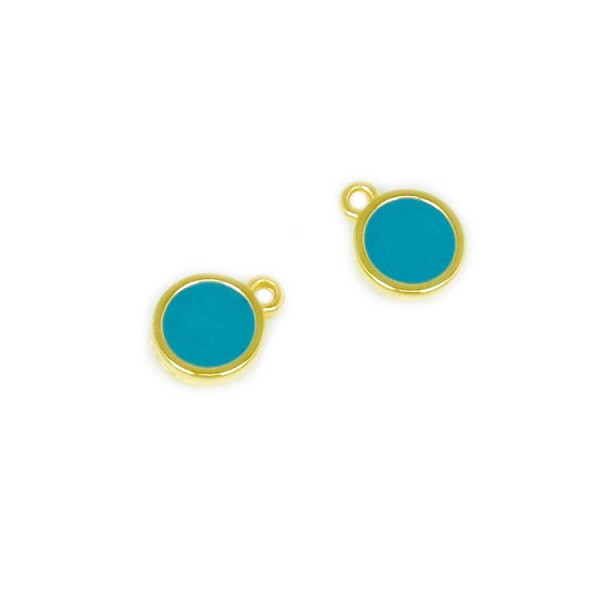 Pendentif Rond Doré à l'or fin 24K Émaillé Bleu Azur - 2 pcs