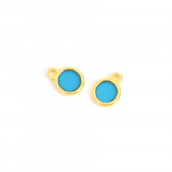 Pendentif Rond Vitrail Turquoise Doré à l'or fin 24K - 2 pcs