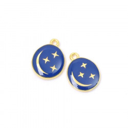 Pendentif Ovale Lune Et Étoiles Émail Bleu Nuit Doré à l'or fin 24K - 2 pcs