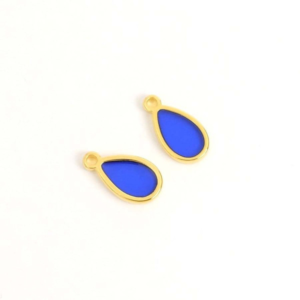 Pendentif Goutte Vitrail Bleu Doré à l'or fin 24K - 2 pcs