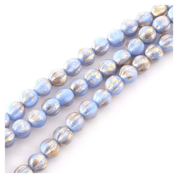 Perles de Bohème sur Fil - Rondes Striées 6 mm Bleu Pastel Doré