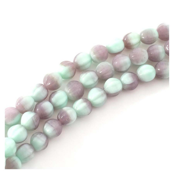 Perles de Bohème sur Fil - Rondes Striées 6 mm Vert Menthe et Violet
