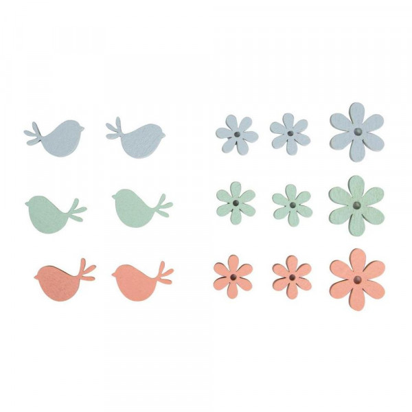 Miniatures adhésives en Bois coloré - Fleur et oiseau - 15 pcs