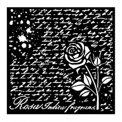 Pochoir 18 x 18 cm Rose Parfum Manuscrit avec des roses