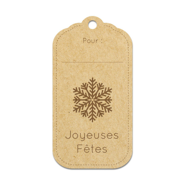 Etiquette Joyeuses Fêtes en bois médium - 4,5 x 8,5 cm