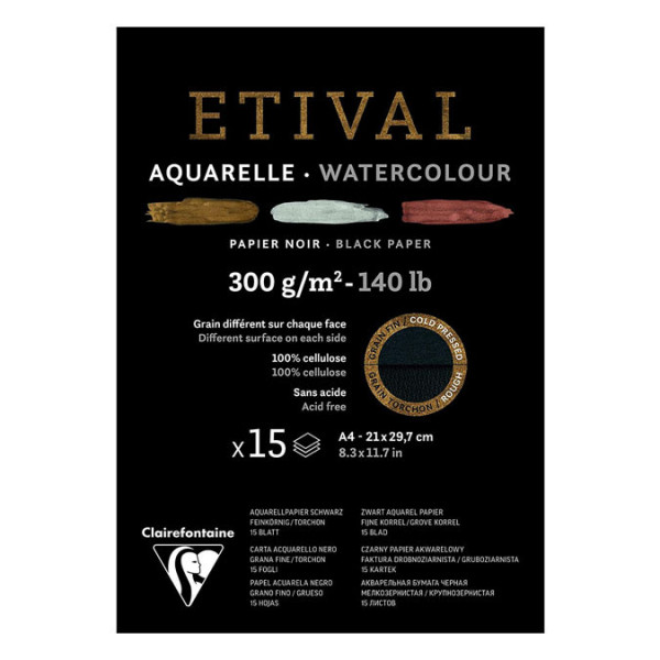 Bloc papier aquarelle Etival Noir grain fin et torchon 300 g/m² A5