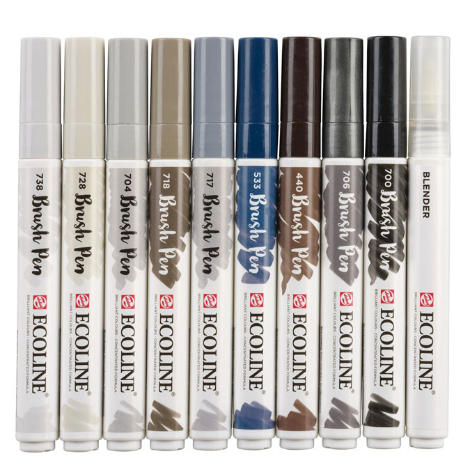 Feutre pinceau Ecoline Brush Pen Set 9 gris + 1 blender