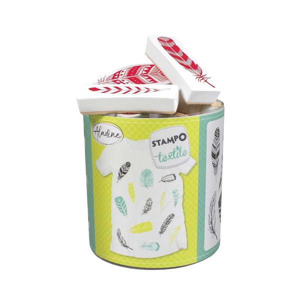 Encreur et 13 tampons Stampo textile Plumes