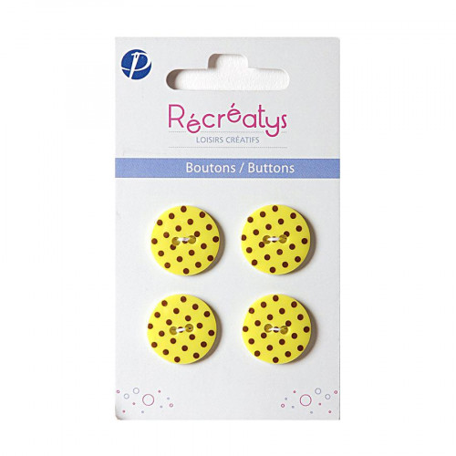 Boutons de customisation - jaune à pois marron - 1,8 cm - 4 pces