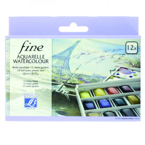 Aquarelle fine - 12 demi-godets dans une boîte en plastique