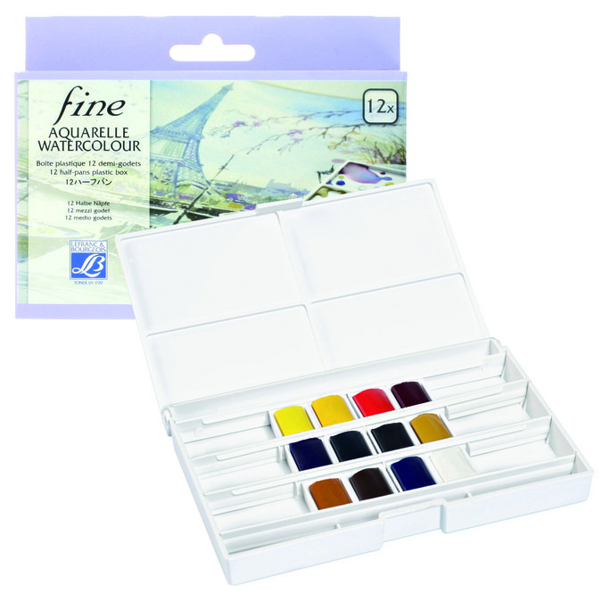 Aquarelle fine - 12 demi-godets dans une boîte en plastique