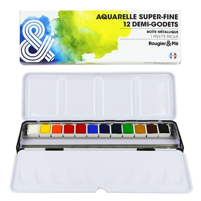Aquarelle super-fine - 12 demi-godets en boîte métal