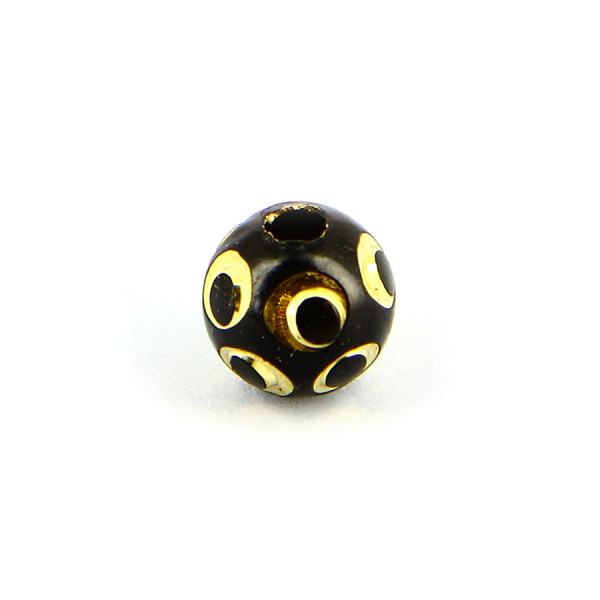 Perle opaque cercles relief ronde métal - Noir et or - 10 mm