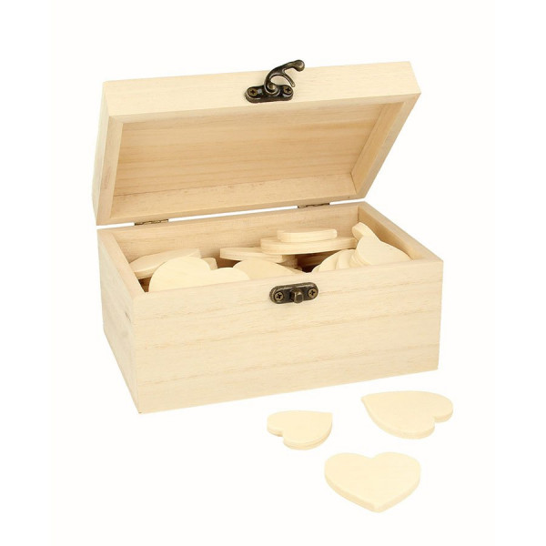 Boîte en bois avec 53 cœurs - 15 x 10 x 8 cm