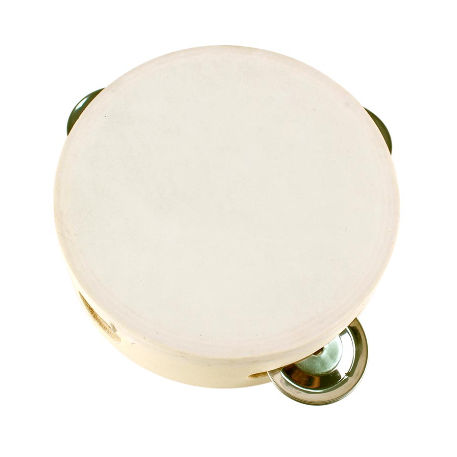 Tambourin rond en bois avec cymbales - 12 x 12 x 4 cm