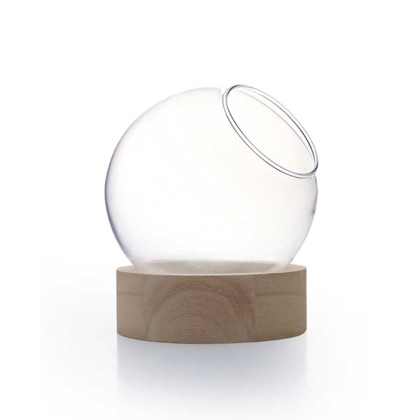 Vase globe en verre avec socle en bois - Ø 10 cm x 11 cm
