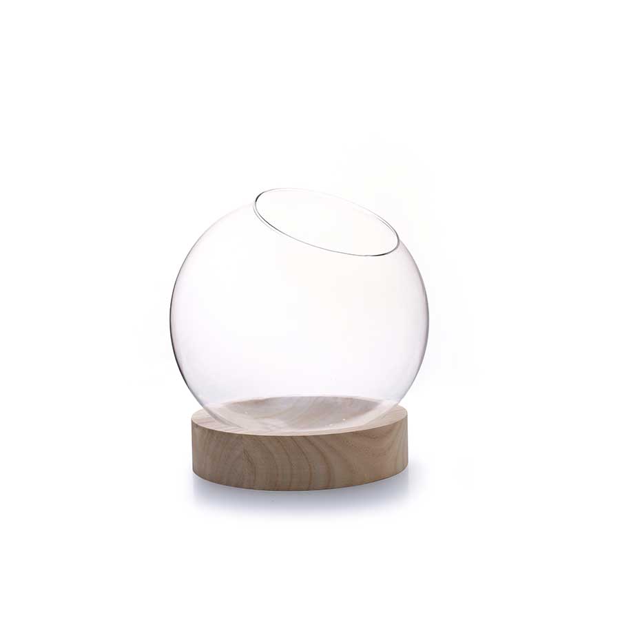Vase globe en verre avec socle en bois - Ø 13 cm x 14 cm