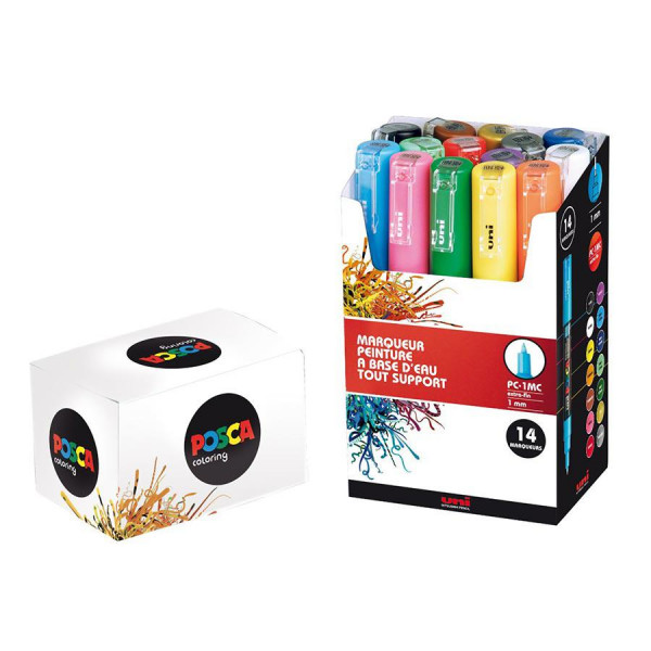 Marqueur Posca trait extra fin 1 mm - Boite de 14 couleurs assorties