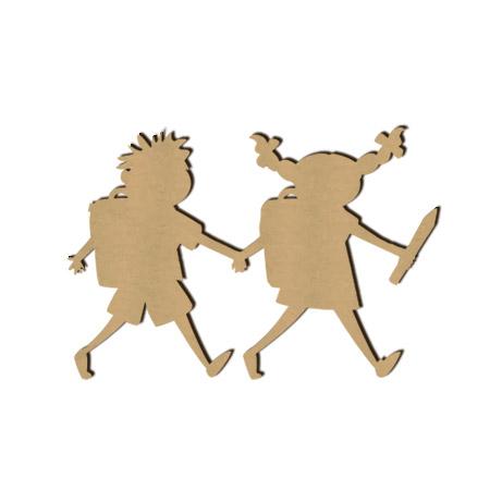 Sujet en bois médium - Deux écoliers en route pour l'école - 4,4 x 6,6 cm